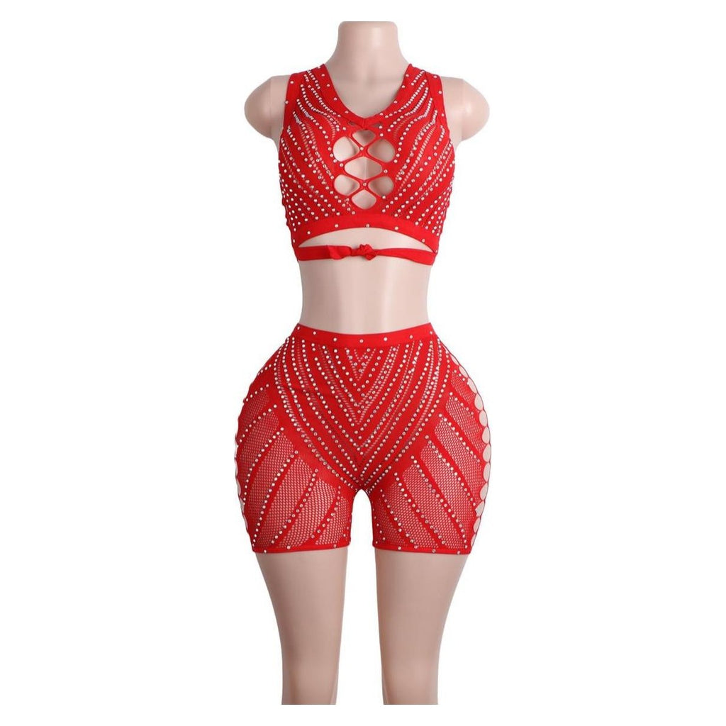 Skylar rhinestone bra and biker shorts in Red