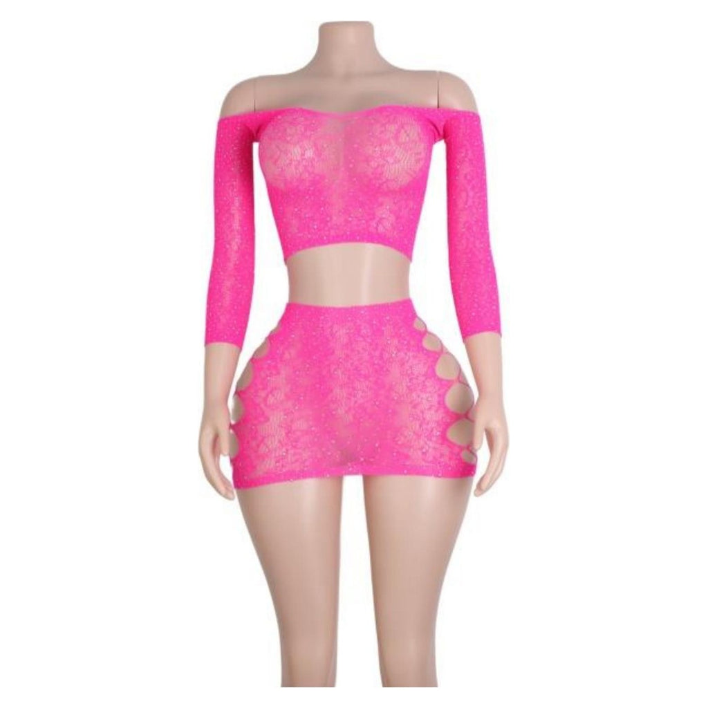 Ivy rhinestone lace set in Hot Pink