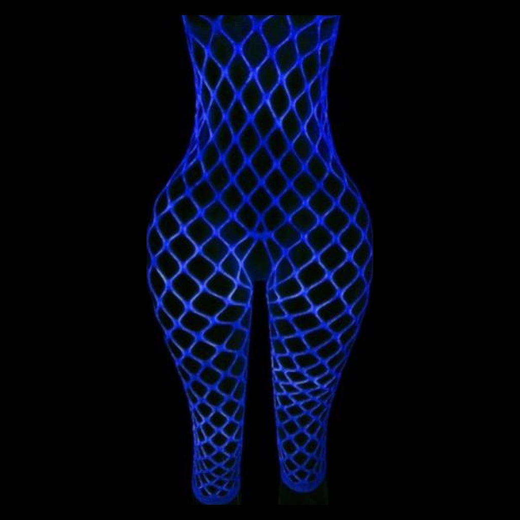 Luna glow-in-the-dark fishnet bodysuit in Blue Glow