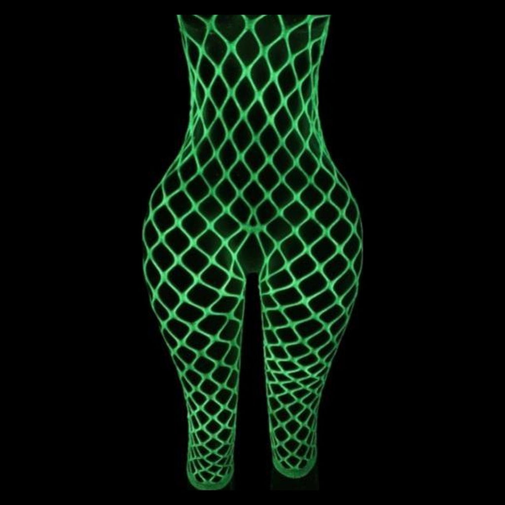 Luna glow-in-the-dark fishnet bodysuit in Green Glow