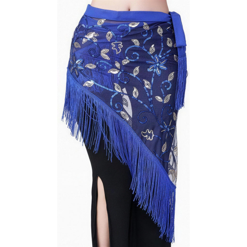 Royal blue embroidered sequin wrap skirt with fringe