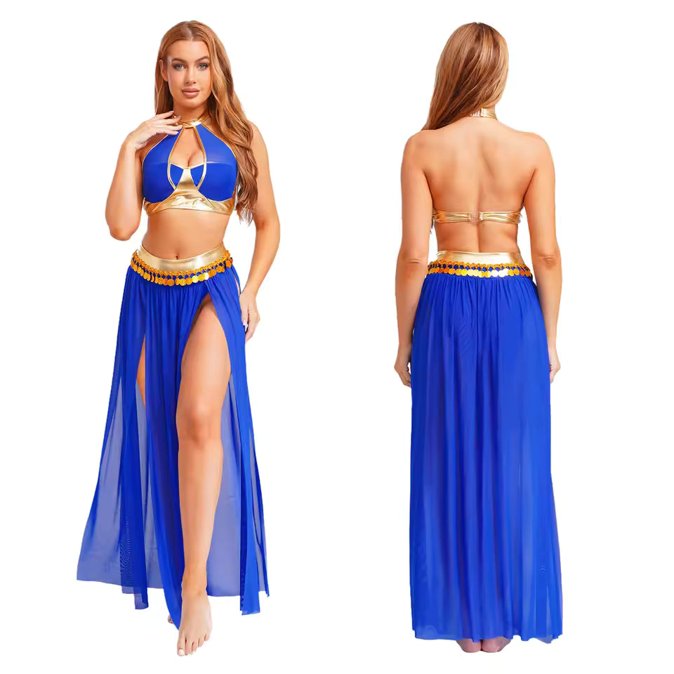 Yasmine Sequin Tassel Belly Dance Costume — Crop Top & Split Skirt Set for Women, Oriental Bellydancing Outfit