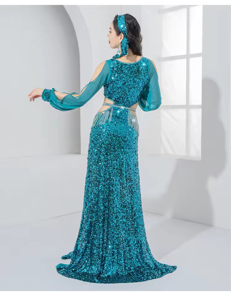 Nadia Sequin Baladi Egyptian Belly Dance Dress — Long Sleeve Competition Costume with Headband