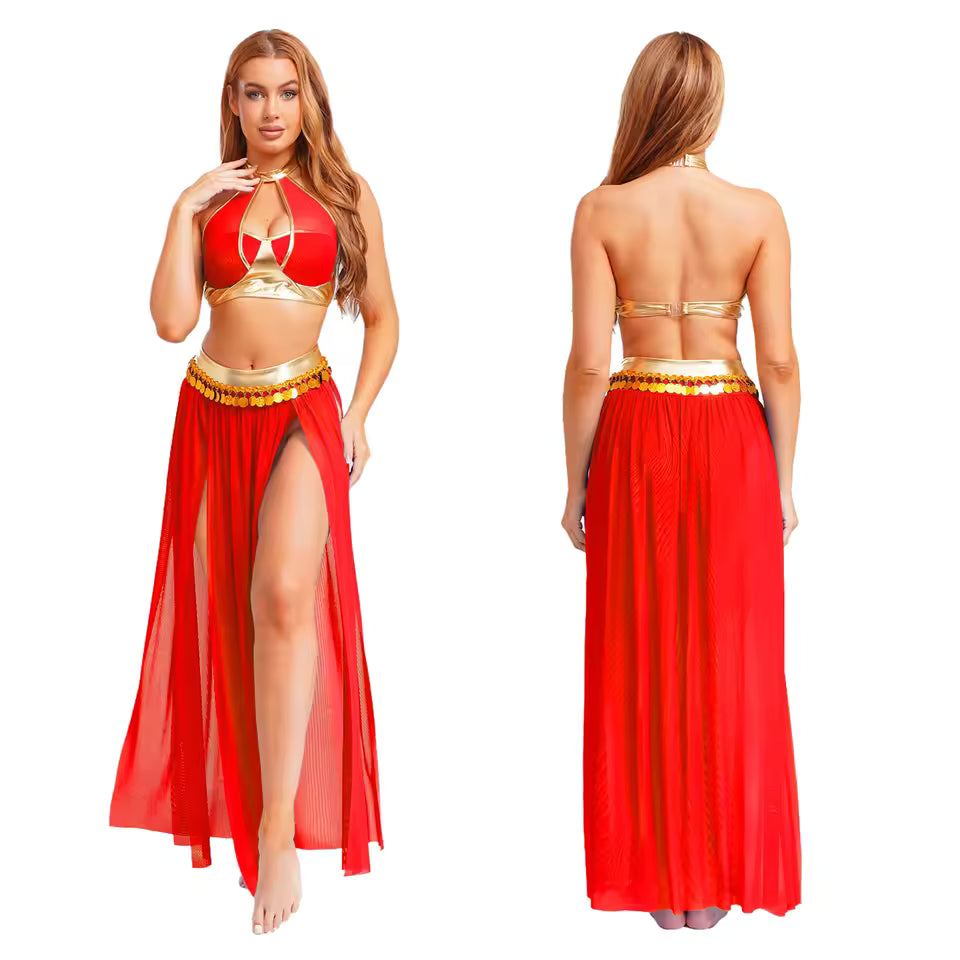 Yasmine Sequin Tassel Belly Dance Costume — Crop Top & Split Skirt Set for Women, Oriental Bellydancing Outfit