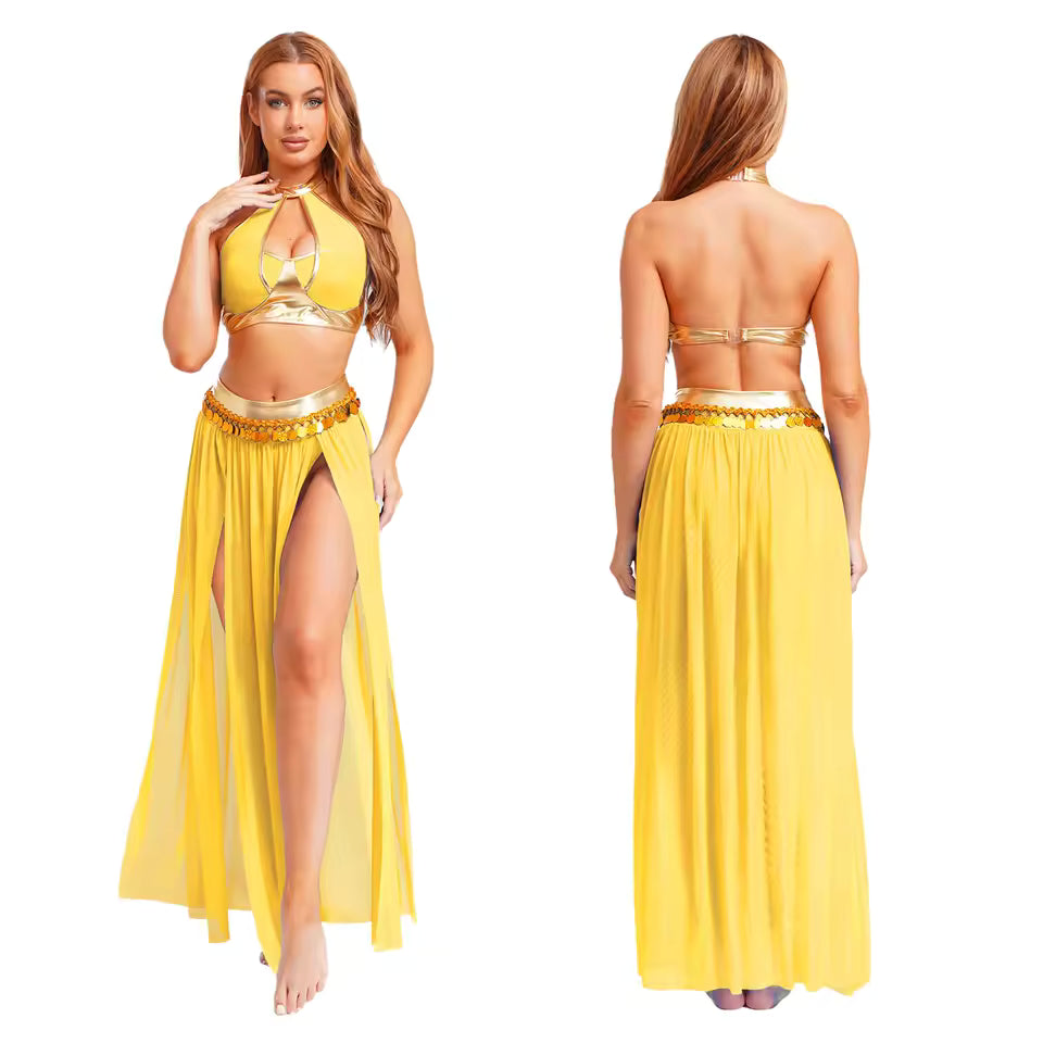 Yasmine Sequin Tassel Belly Dance Costume — Crop Top & Split Skirt Set for Women, Oriental Bellydancing Outfit