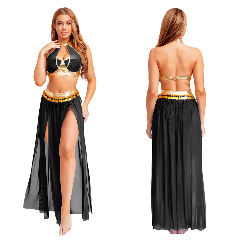 Yasmine Sequin Tassel Belly Dance Costume — Crop Top & Split Skirt Set for Women, Oriental Bellydancing Outfit