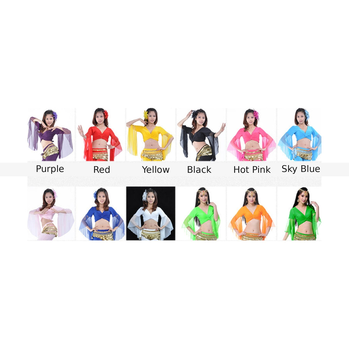 Piper belly dance crop top colour chart - Purple, Red, Yellow, Black, Hot Pink, Sky Blue