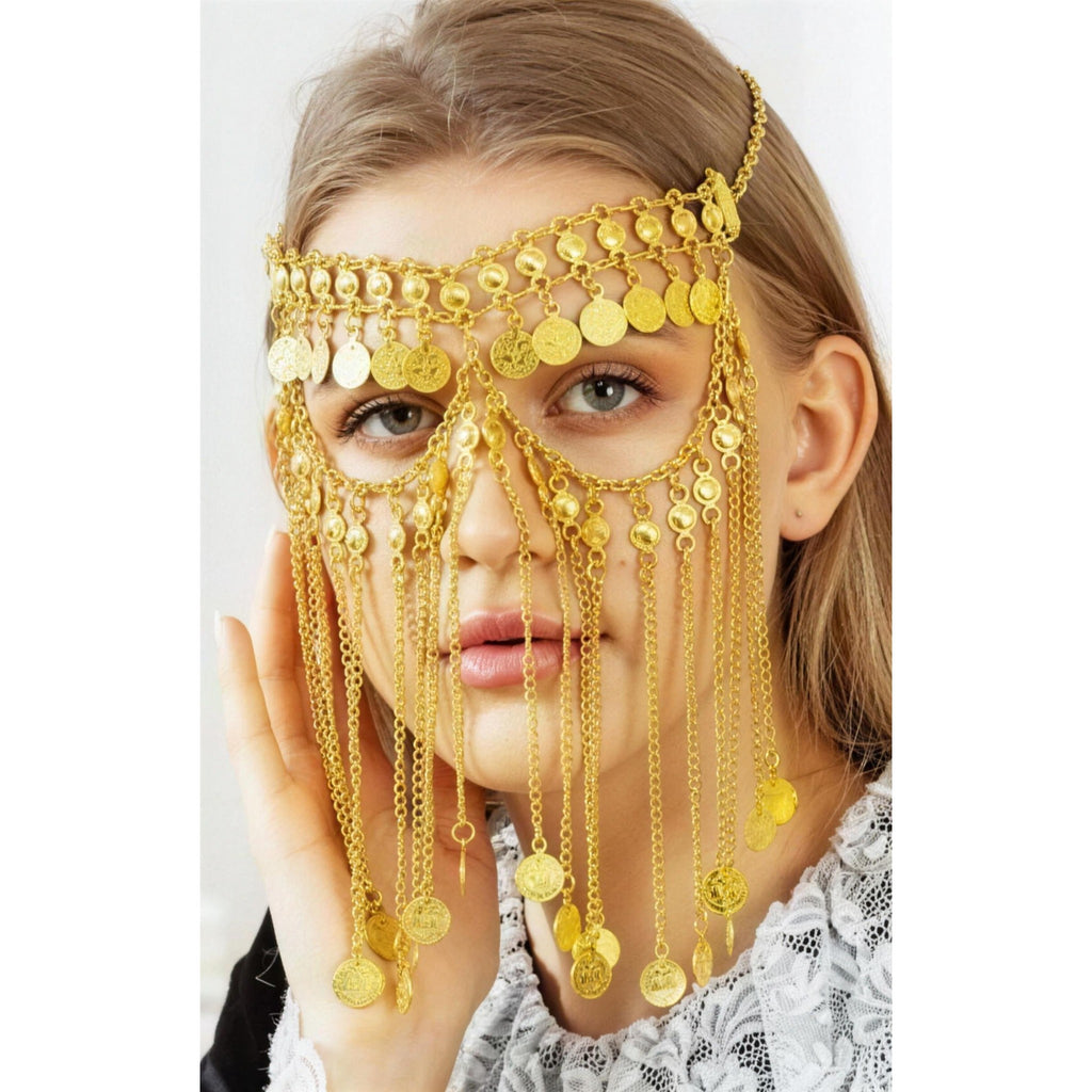Gold multi-layer coin head chain with tassels for belly dance