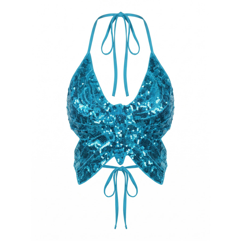 Everly Sequin Butterfly Halter Bra — studio product photo