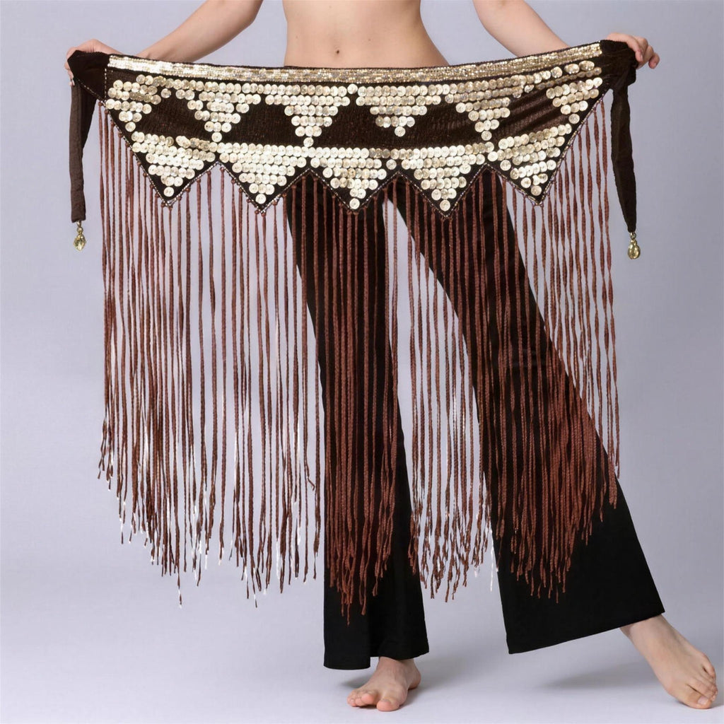 Tribal Afghani coin belt with long bead fringe in brown and white