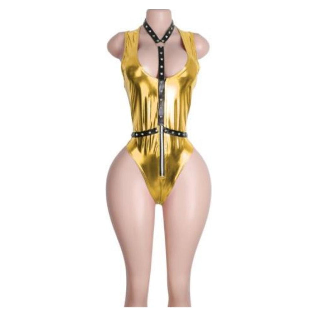 Sabine metallic harness bodysuit in Gold