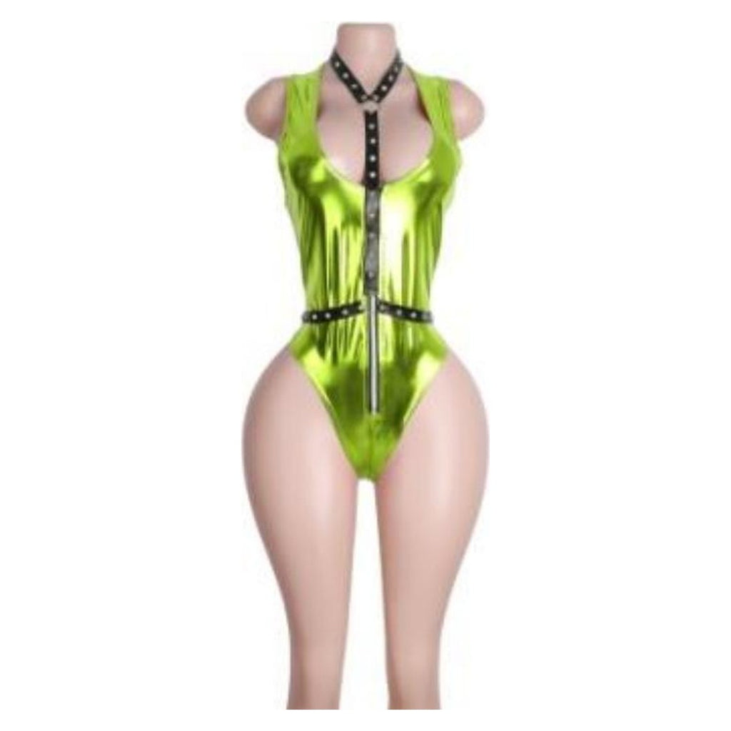Sabine metallic harness bodysuit in Neon Yellow