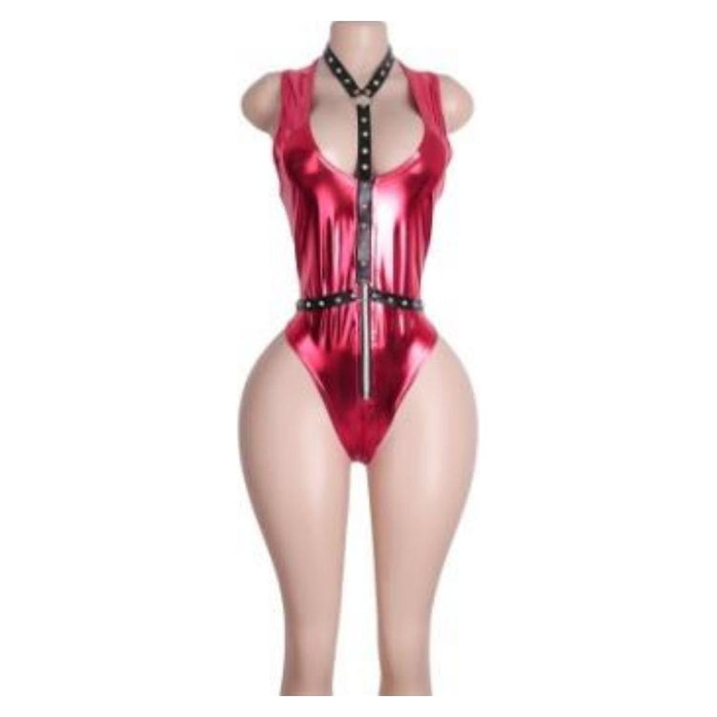 Sabine metallic harness bodysuit in Red