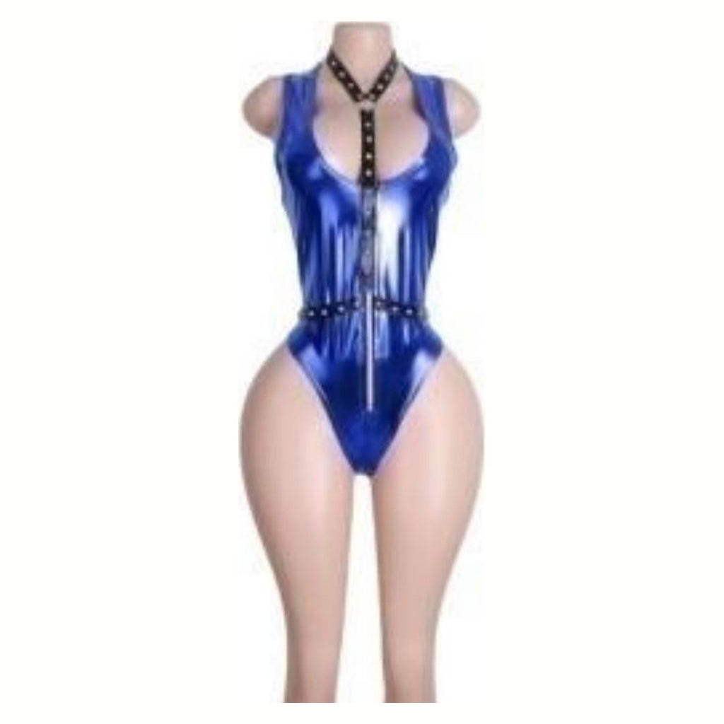 Sabine metallic harness bodysuit in Royal Blue