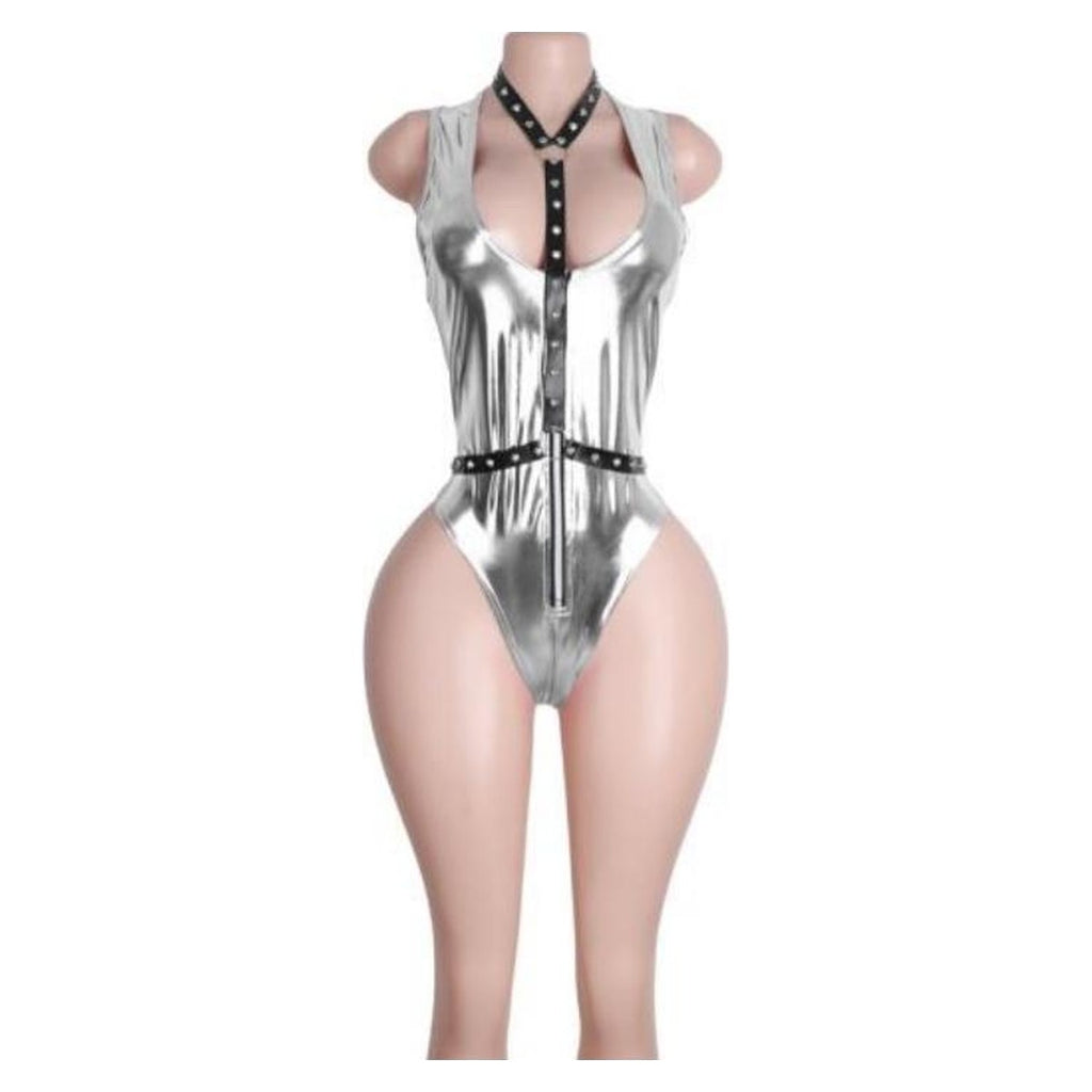Sabine metallic harness bodysuit in Silver