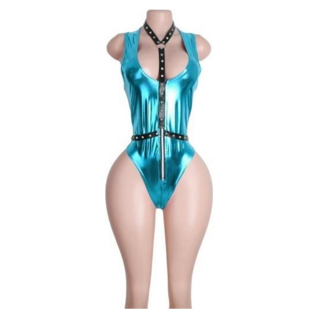 Sabine metallic harness bodysuit in Turquoise