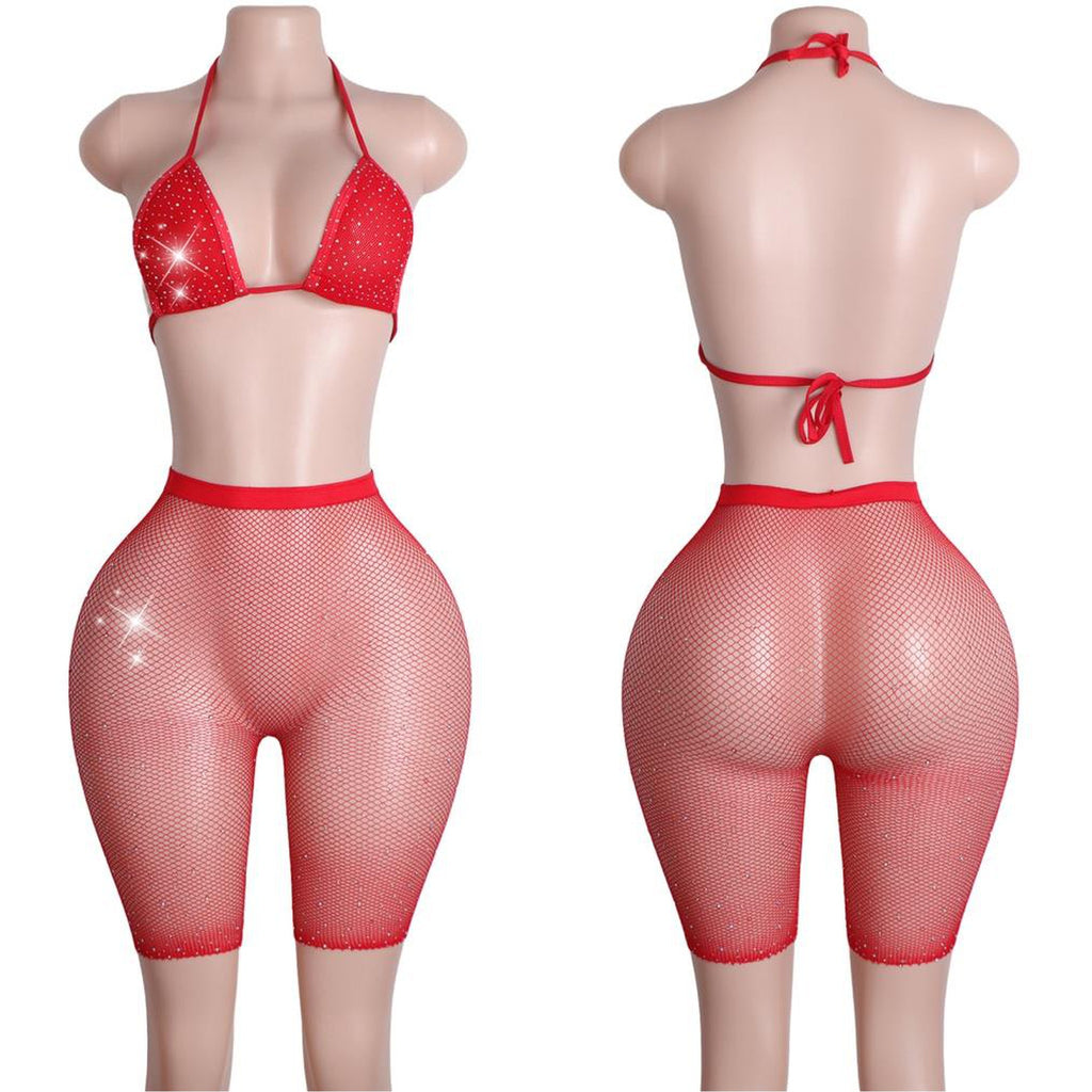 Rhinestone bra top and fishnet biker shorts festival set
