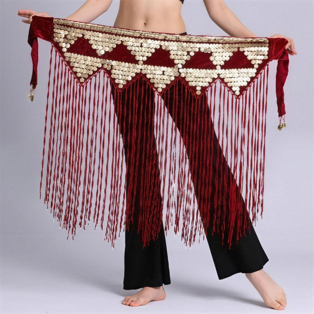 Tribal coin belt with bead fringe in dark red and white