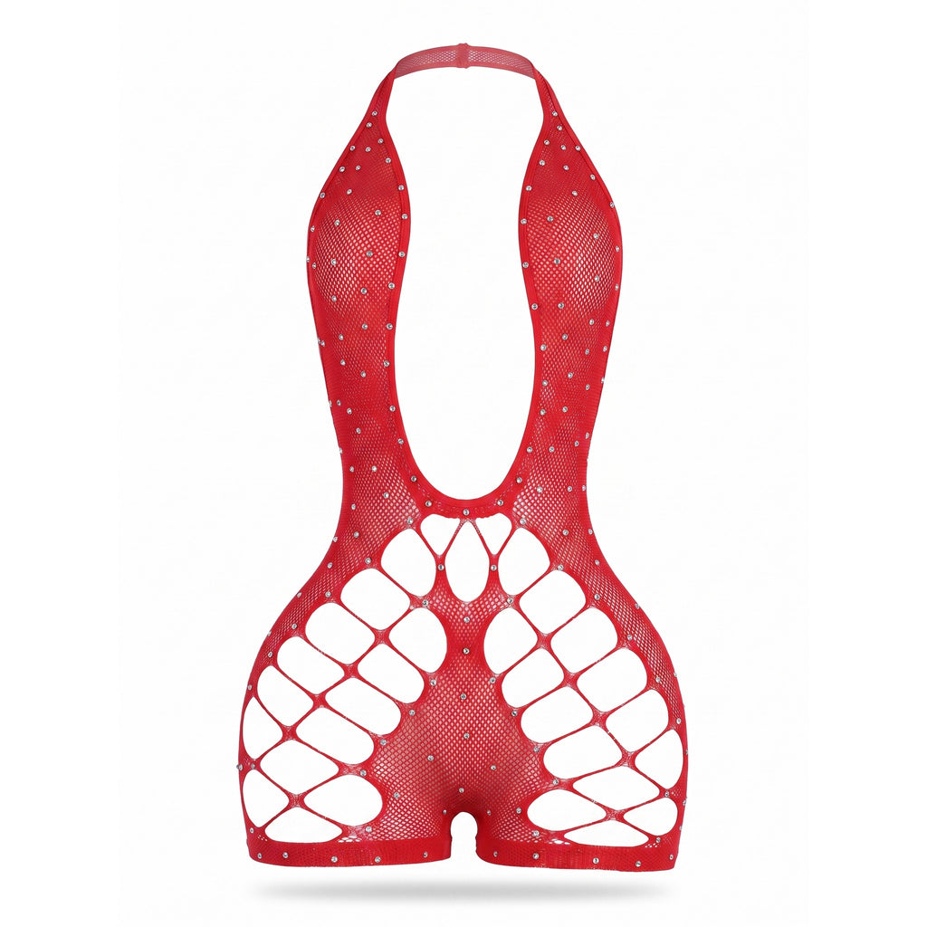 Blake Rhinestone Fishnet Romper — studio product photo